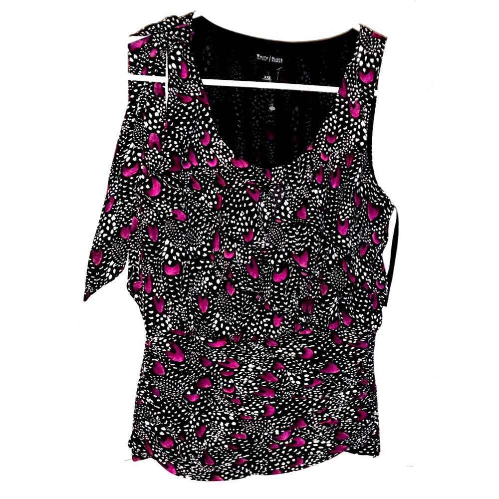 White House Black Market sleeveless ruffled top black white purple hearts XXS